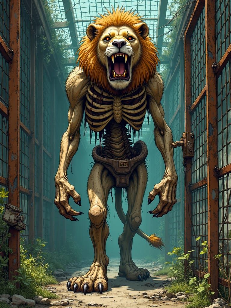 Zombie Lion in Dystopian Zoo: Gritty Manga Style