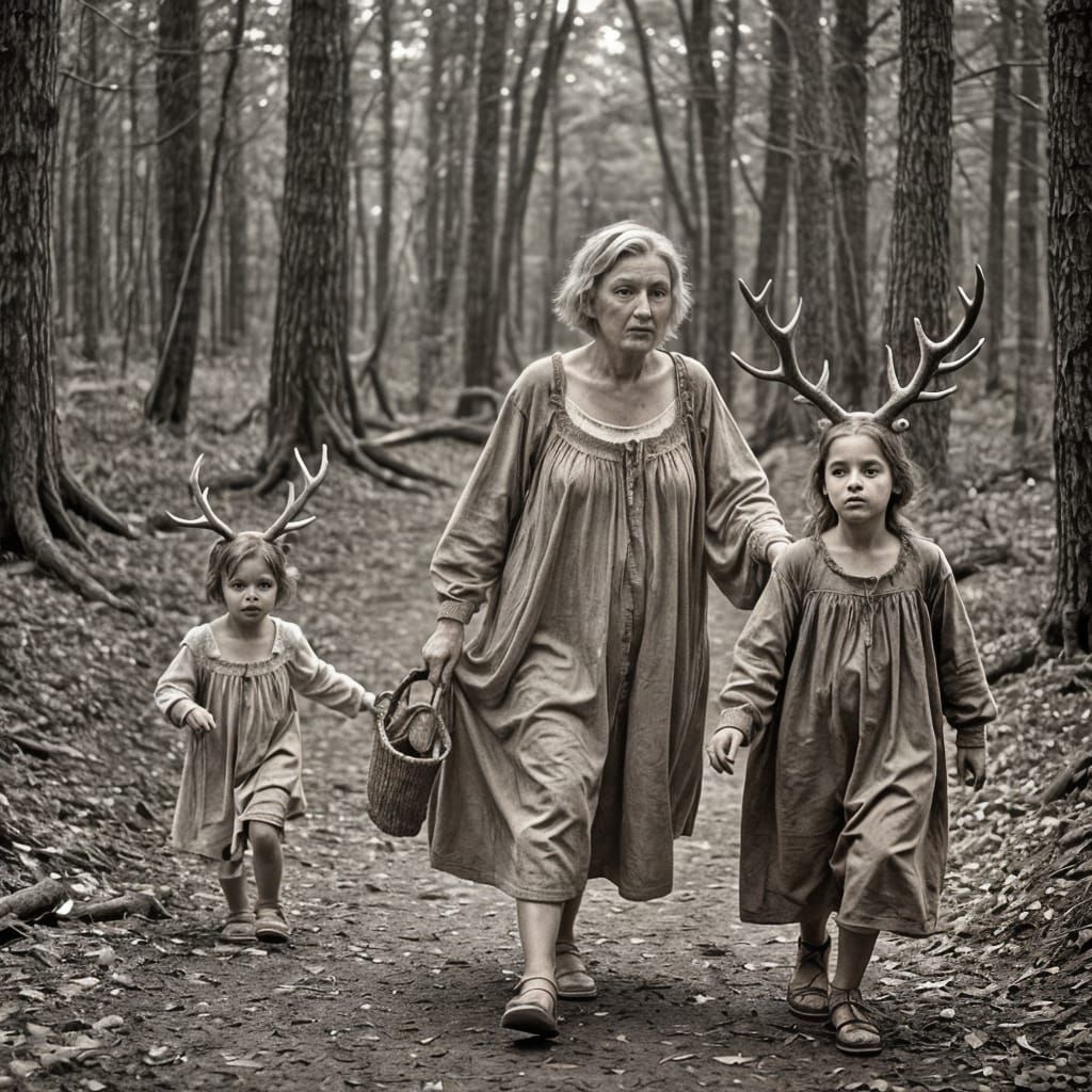 Vintage Sepia Photo of Antlered Girls in Forest