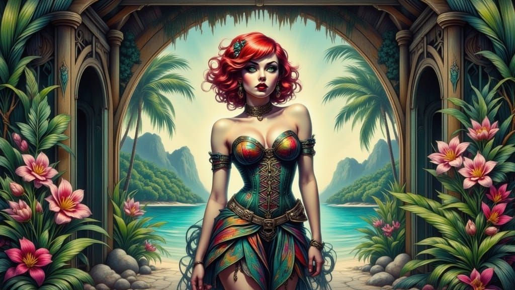 Steampunk Beauty on Tropical Island, Art Nouveau Style
