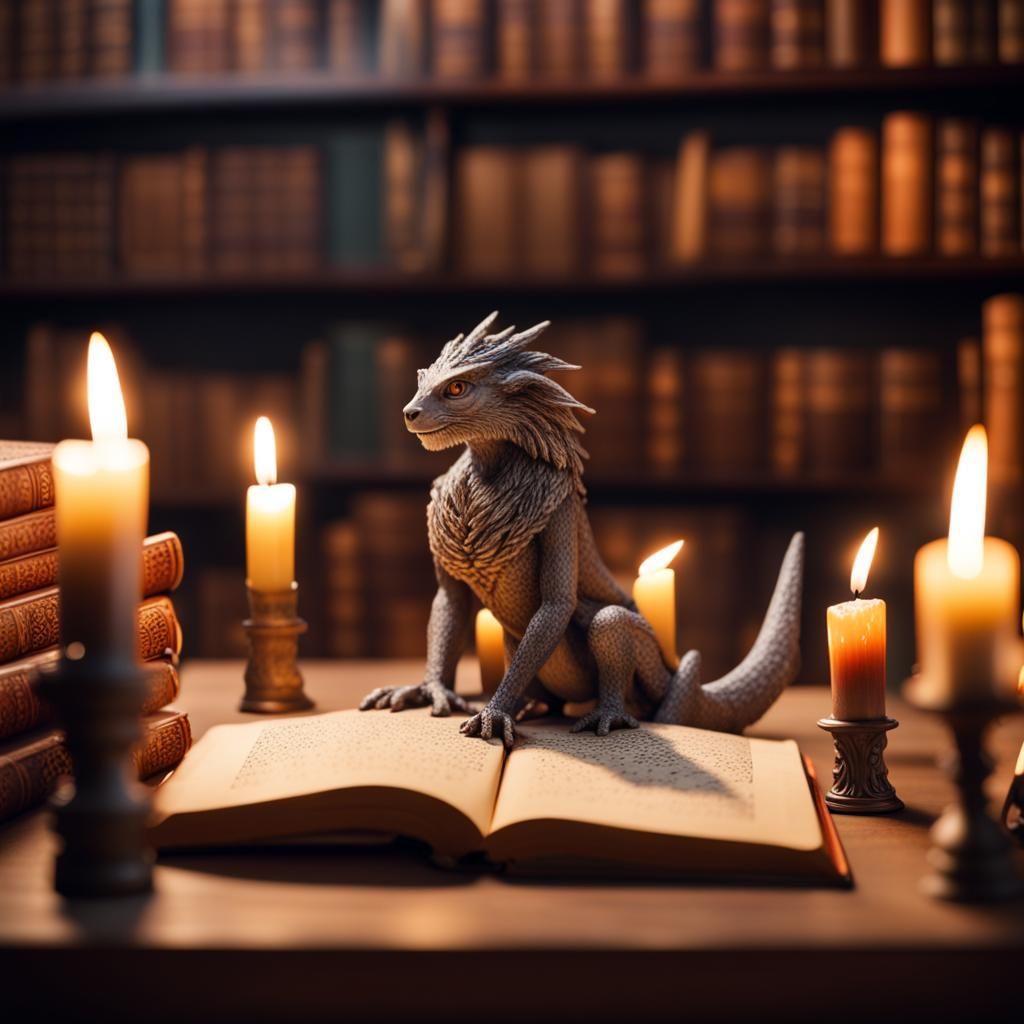 Magical Library with Mythical Creatures in Storybook Style