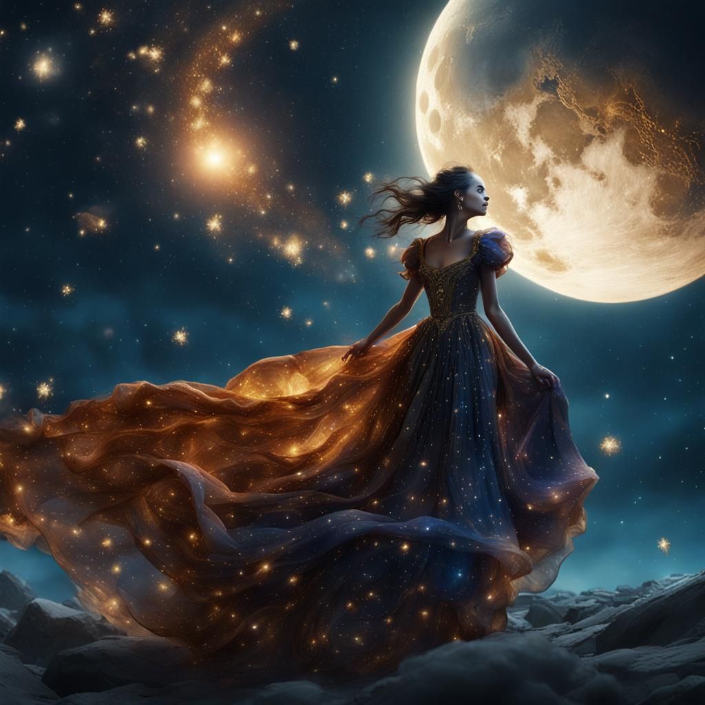 Woman on the Moon with Starry Dress