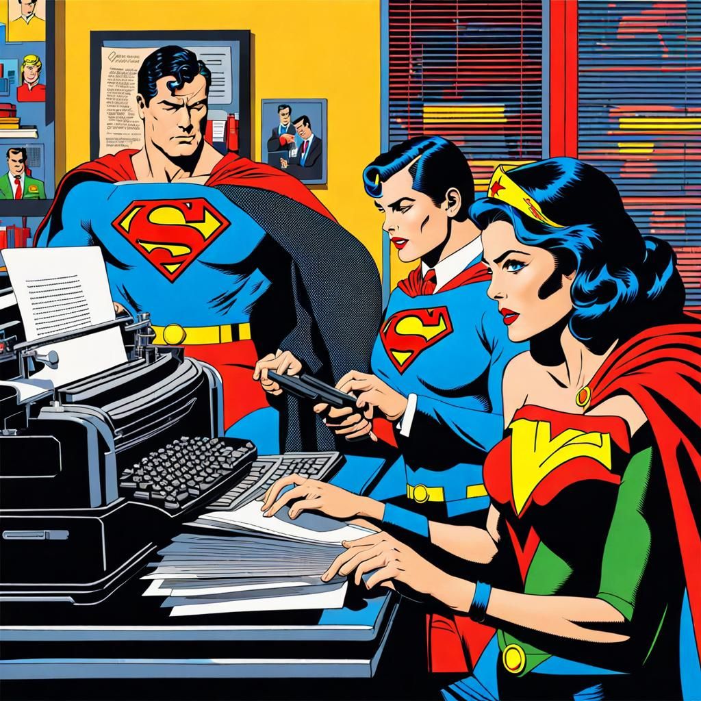 Superman and Wonder Woman Frustrated in Office, in Pop Art