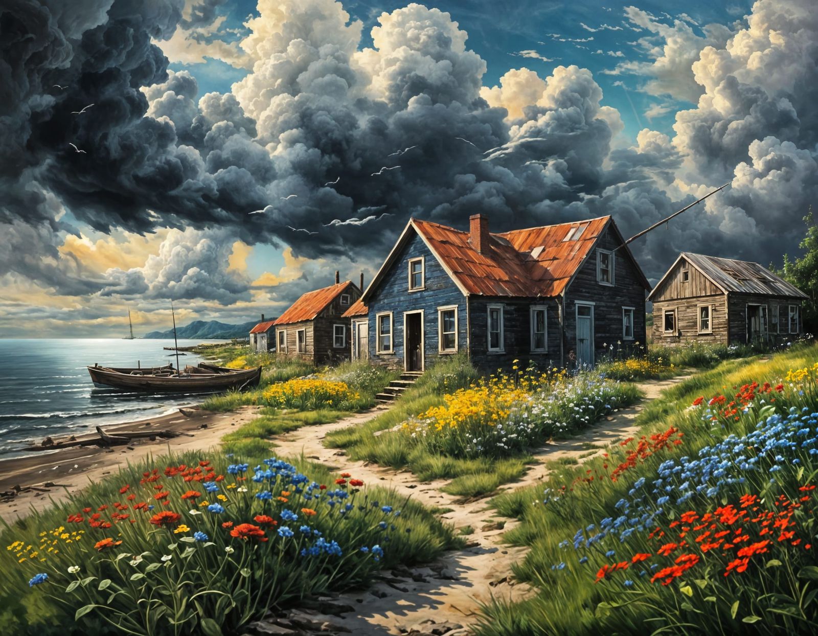 Moody Oil Painting of Abandoned Fishing Village