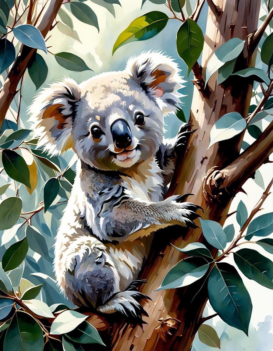 Koala Bear in Eucalyptus Tree Watercolor Painting