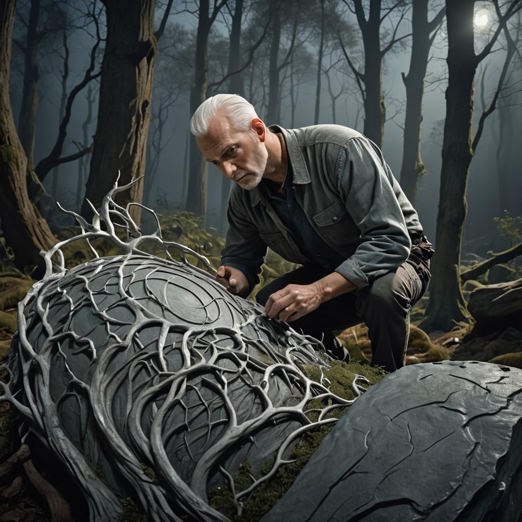 Mystical Forest: Sculptor Working by Moonlight