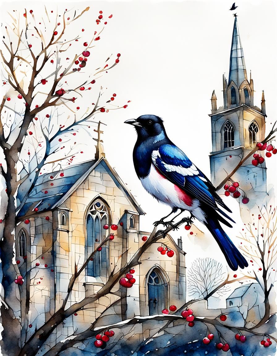 Magpie in Hawthorn Tree Watercolour Illustration