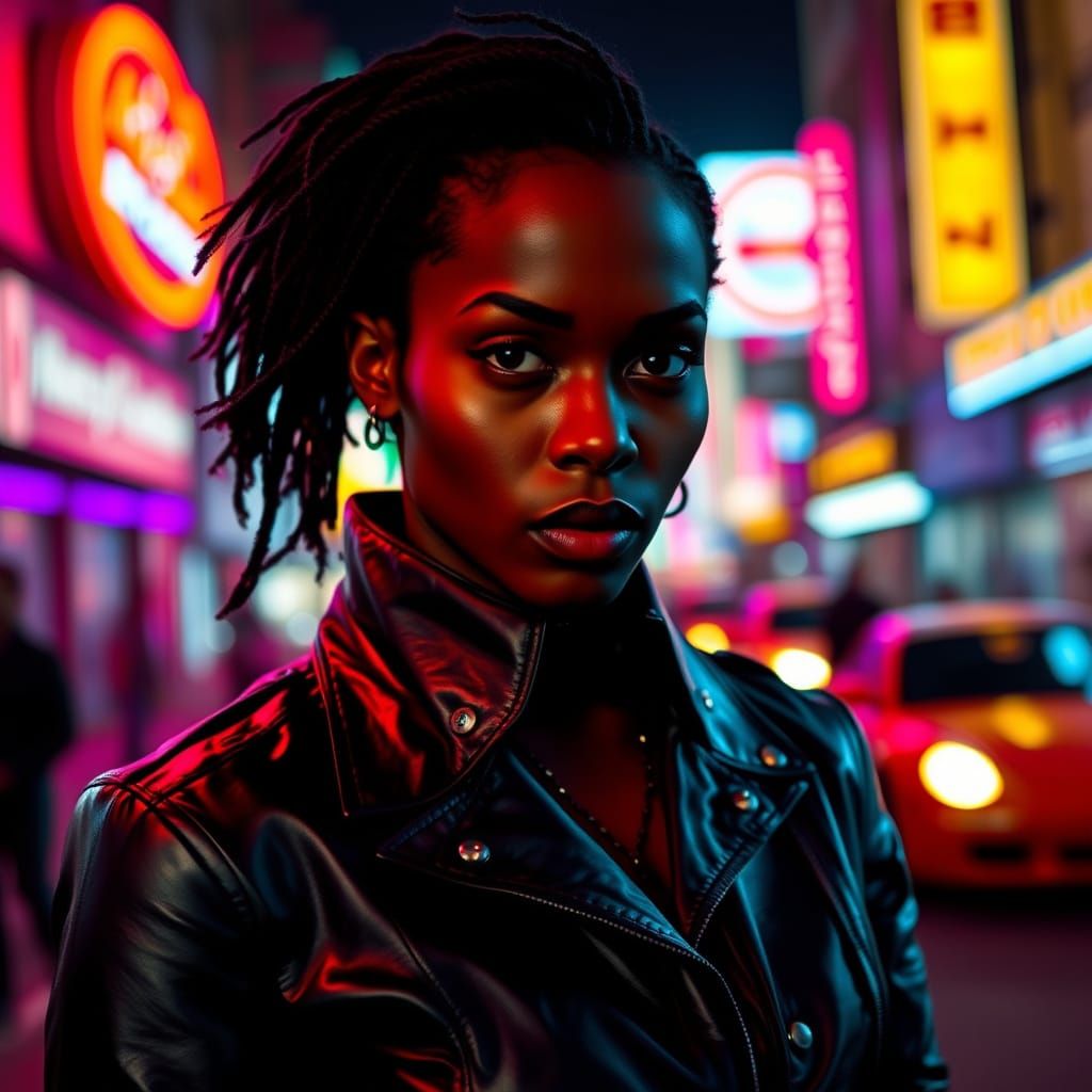 Ethiopian Woman in Neon Cityscape, Cinematic Style