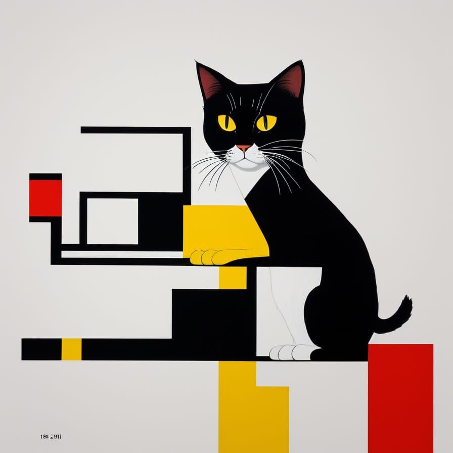 Abstract Cat Composition in De Stijl Style