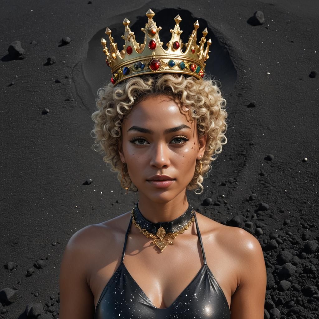Goddess with Black Sand Crown on Beach