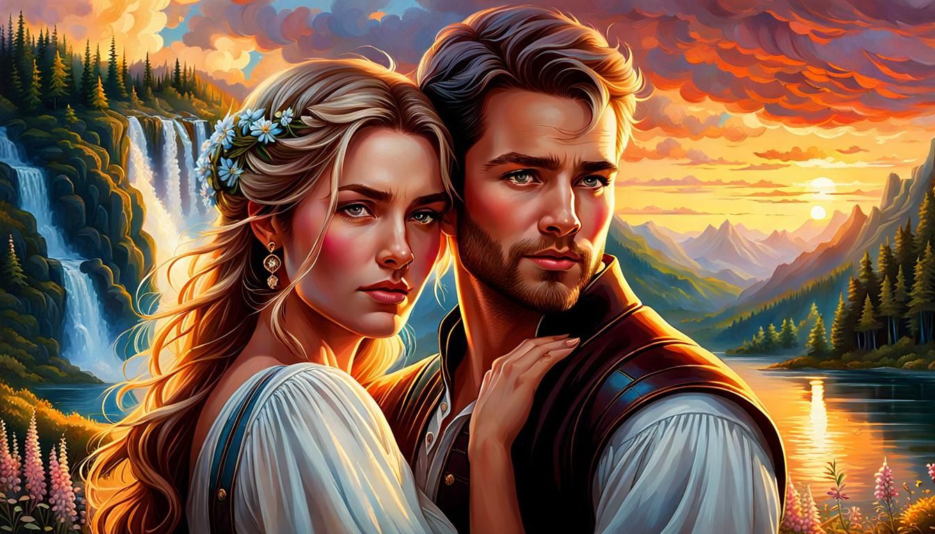 Romantic Lakeside Embrace at Sunset: Digital Art