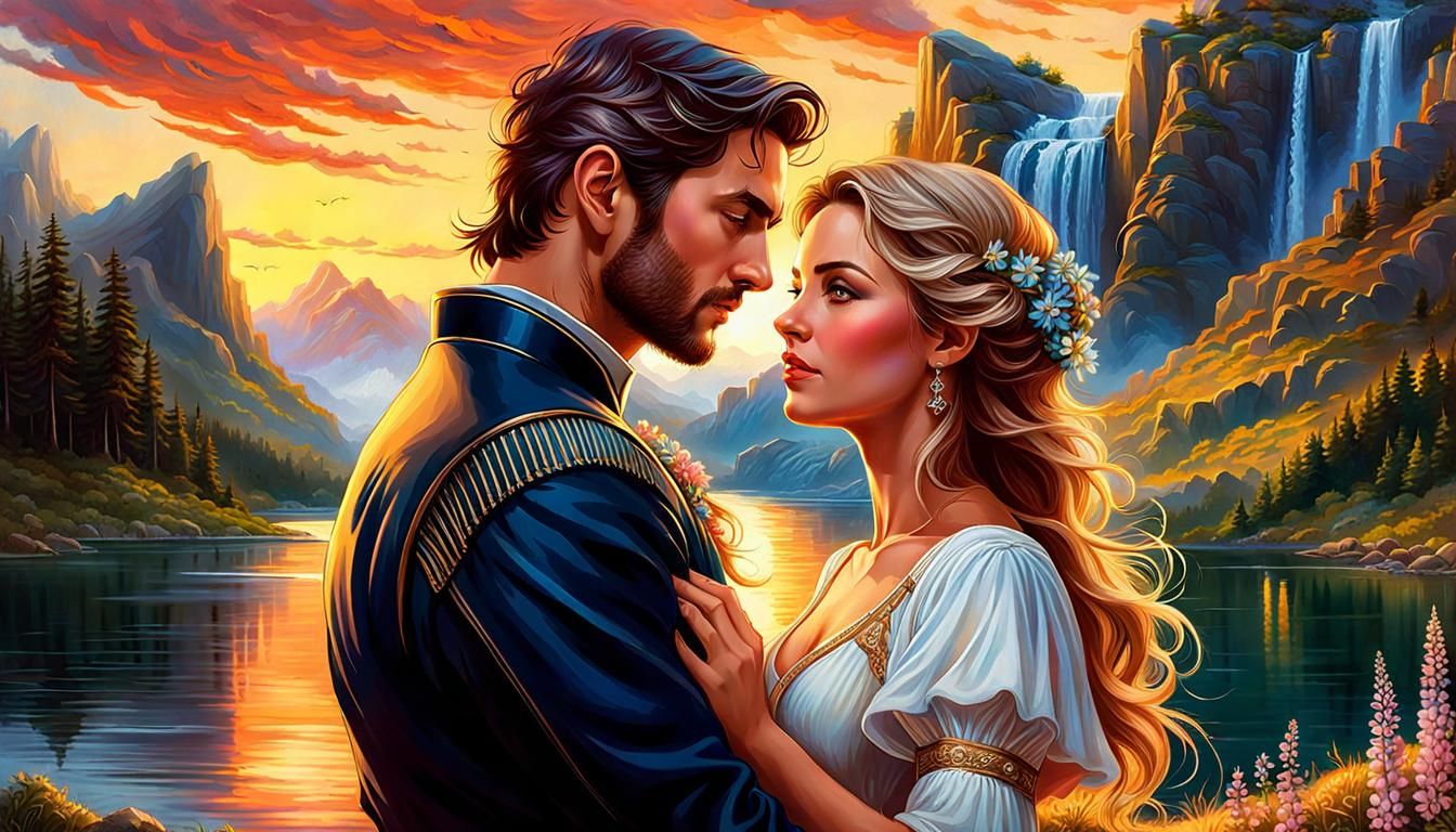 Romantic Lakeside Embrace at Sunset: Digital Art