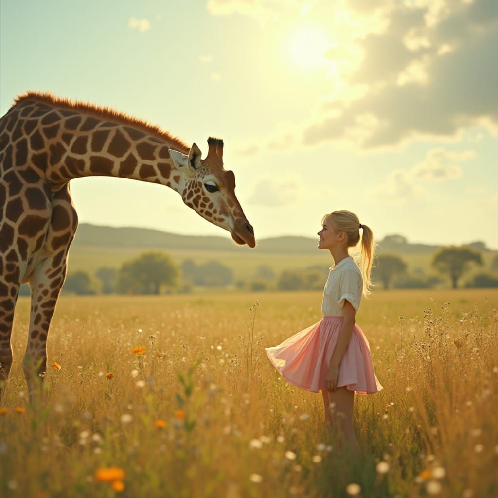 A Delicate Girl Connects with a Majestic Giraffe in a Lush F...