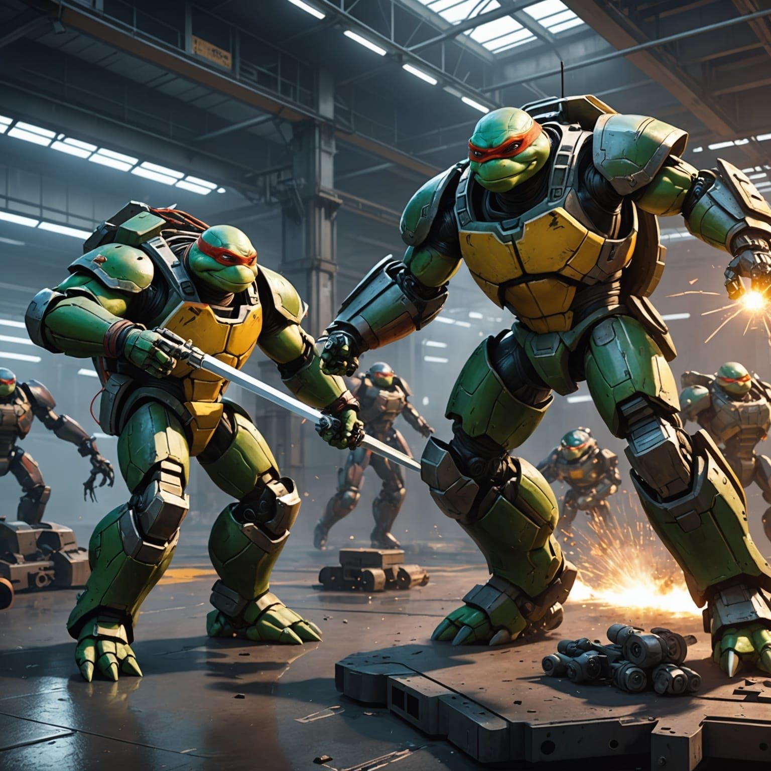 A ninja turtle and Master Splinter battling futuristic robots in an industrial environment. The turtle expertly wields i...