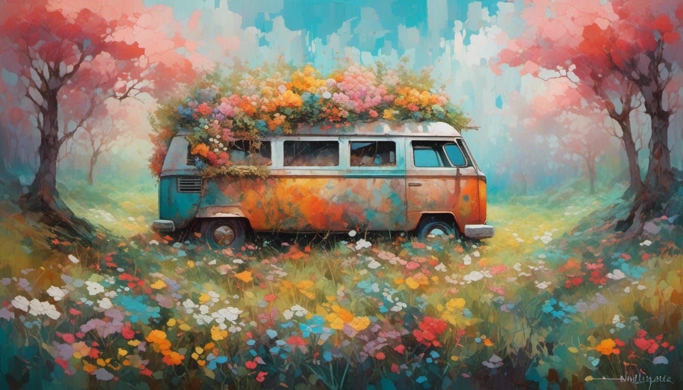 Hippie Van Overgrown with Pastel Flowers: Expressionist Oil ...