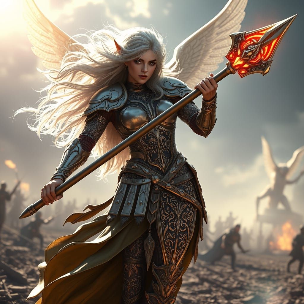 Half-Elven Valkyrie on Battlefield in Art Nouveau Style