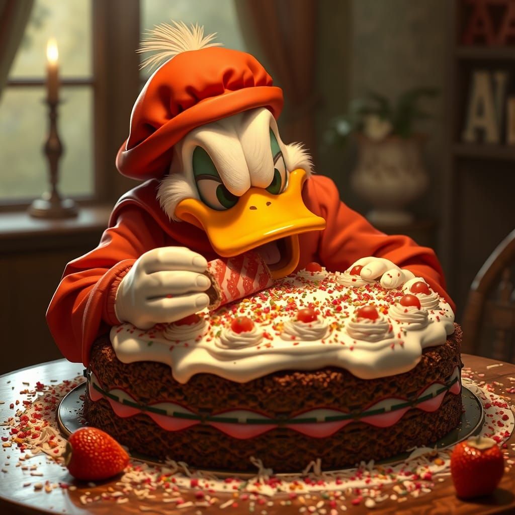 Scary Duck Eats Cake: AI-Generated Cartoon