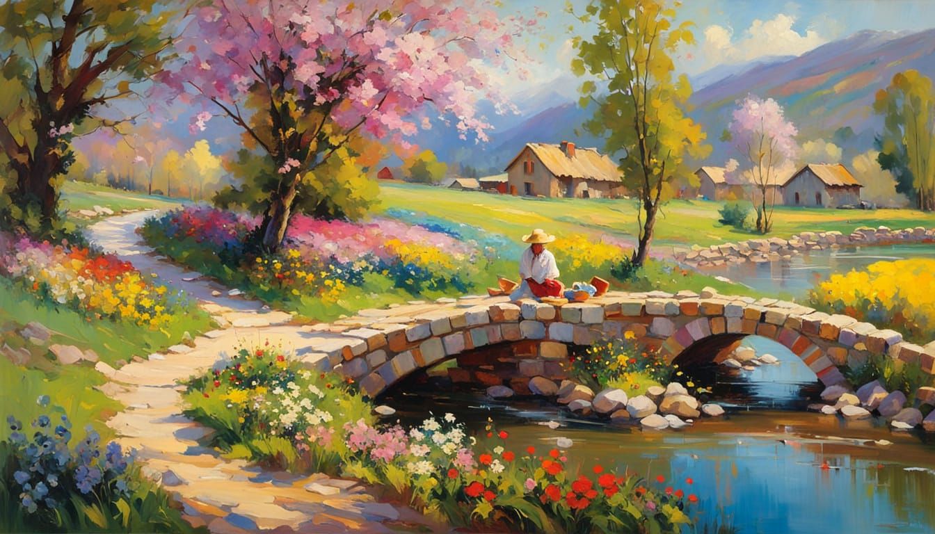 Vibrant Spring Landscape with Rustic Bridge and Farmer