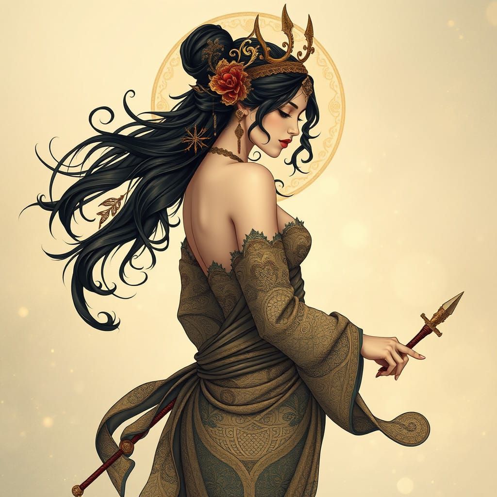 Ethereal Art Nouveau Goddess in Elegant, Mystical Attire