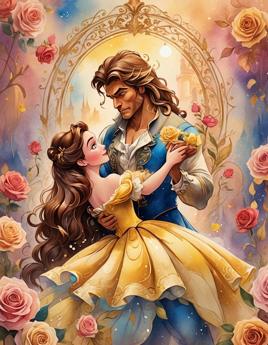 whimsical, watercolor airbrush, Disney style, Princess Belle and the Beast in a romantic pose. Pixar, Disney, concept ar...