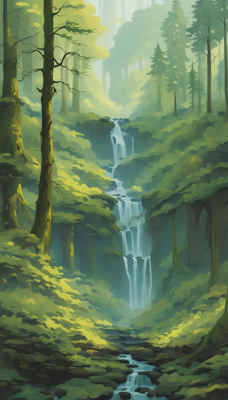 Ethereal Forest Waterfall in Impressionistic Style