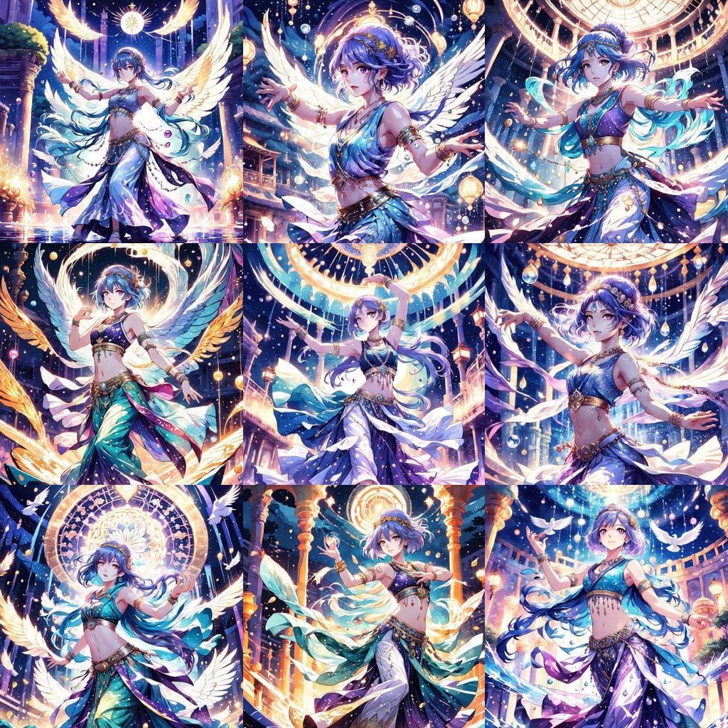 Blue-Haired Belly Dancer Under Moonlight, in Anime Style