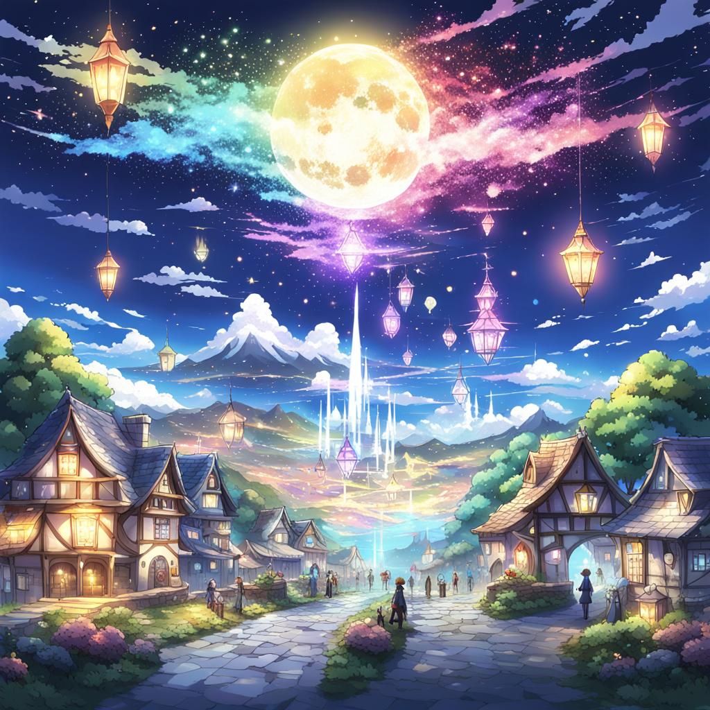 Magical Sparkling Fantasy Village in Anime Style