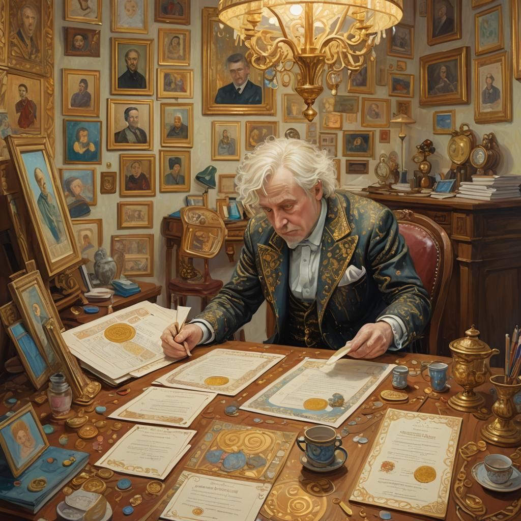 Boris in Cozy Room, Klimt-Inspired Digital Art