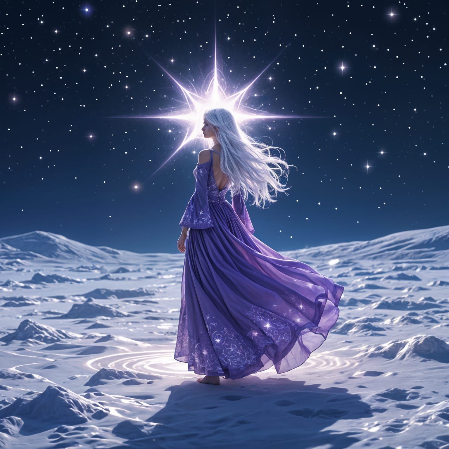Girl with White Hair Steps into a Star on the Moon