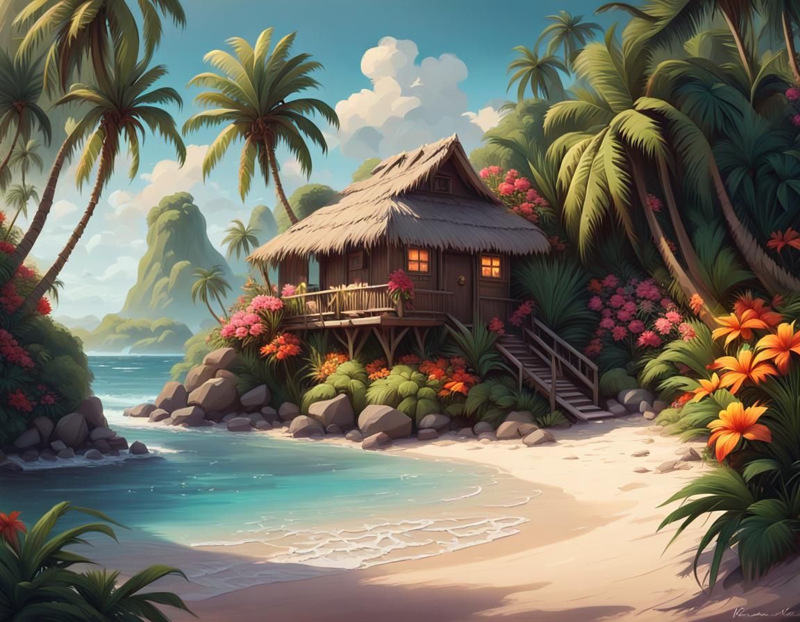 serene Island Oasis surrounded by vibrant tropical flowers a...