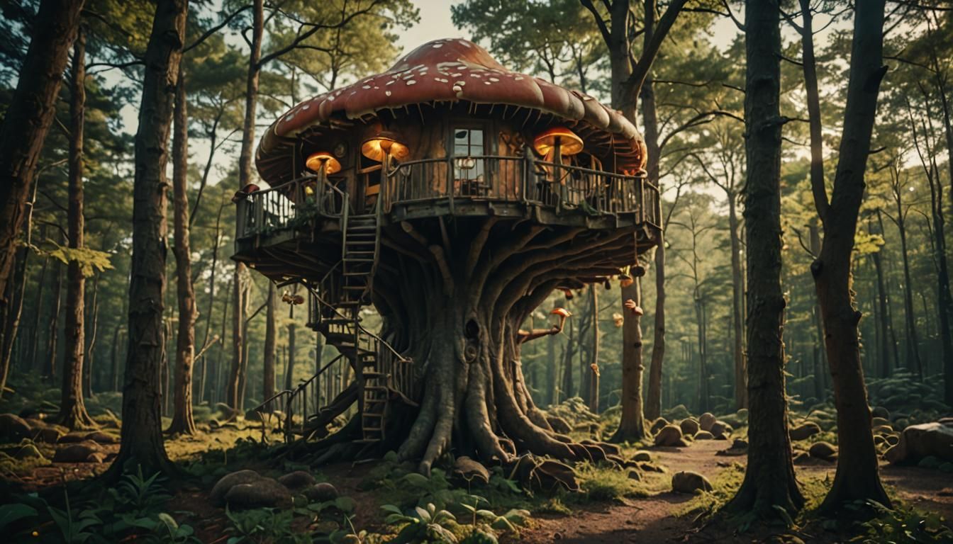 Cinematic Mushroom Treehouse Film Still