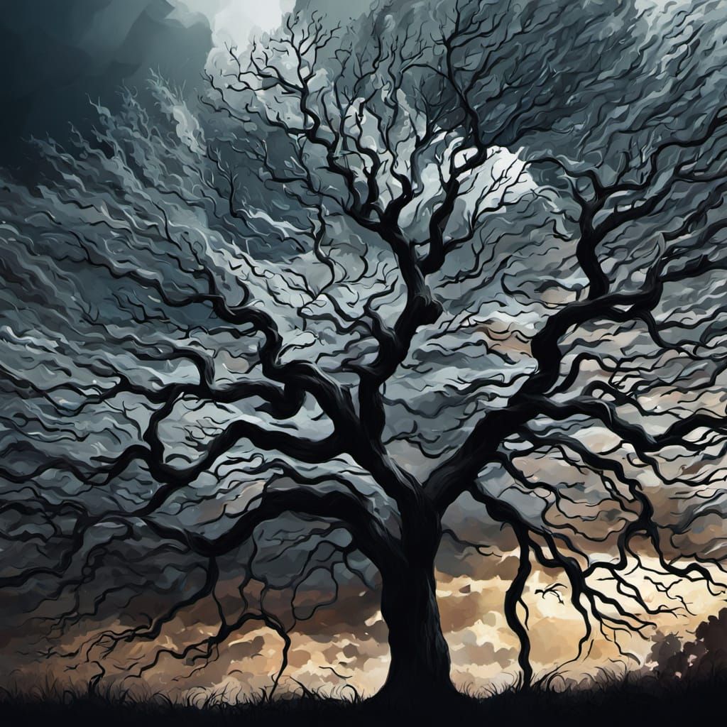 Dramatic Tree Silhouettes in Oil Painting Style
