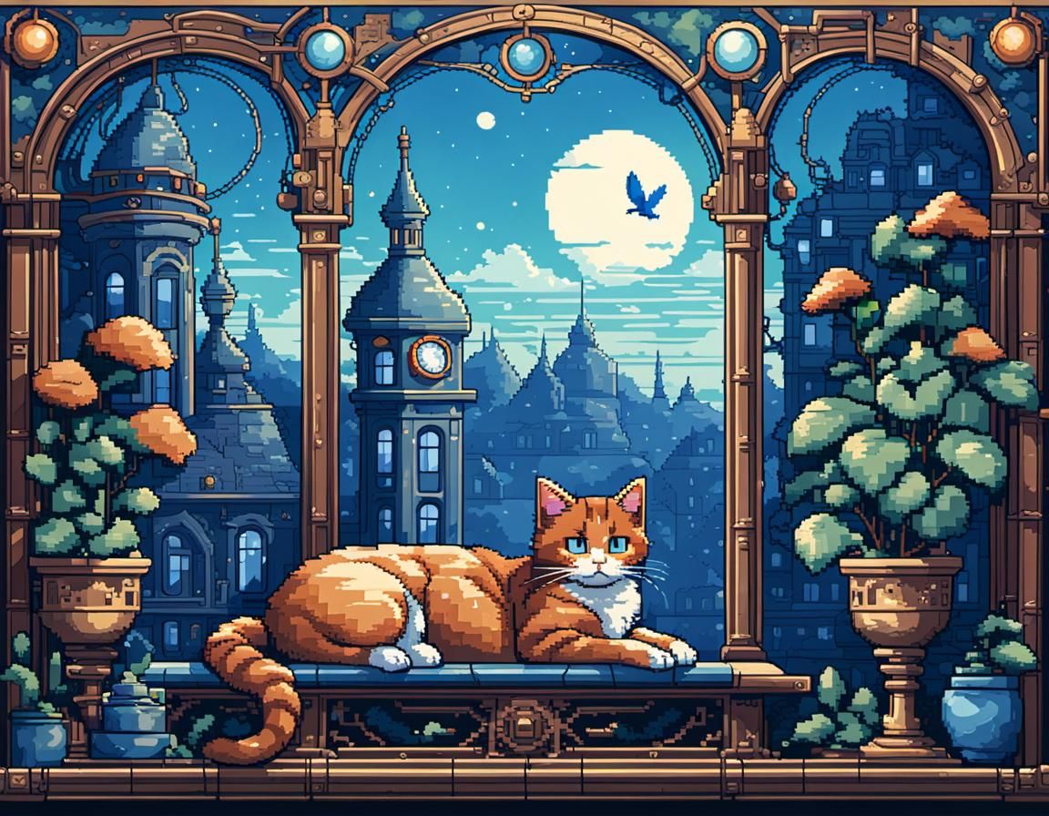 Sleeping Cat in Retro Pixel Art Steampunk Scene