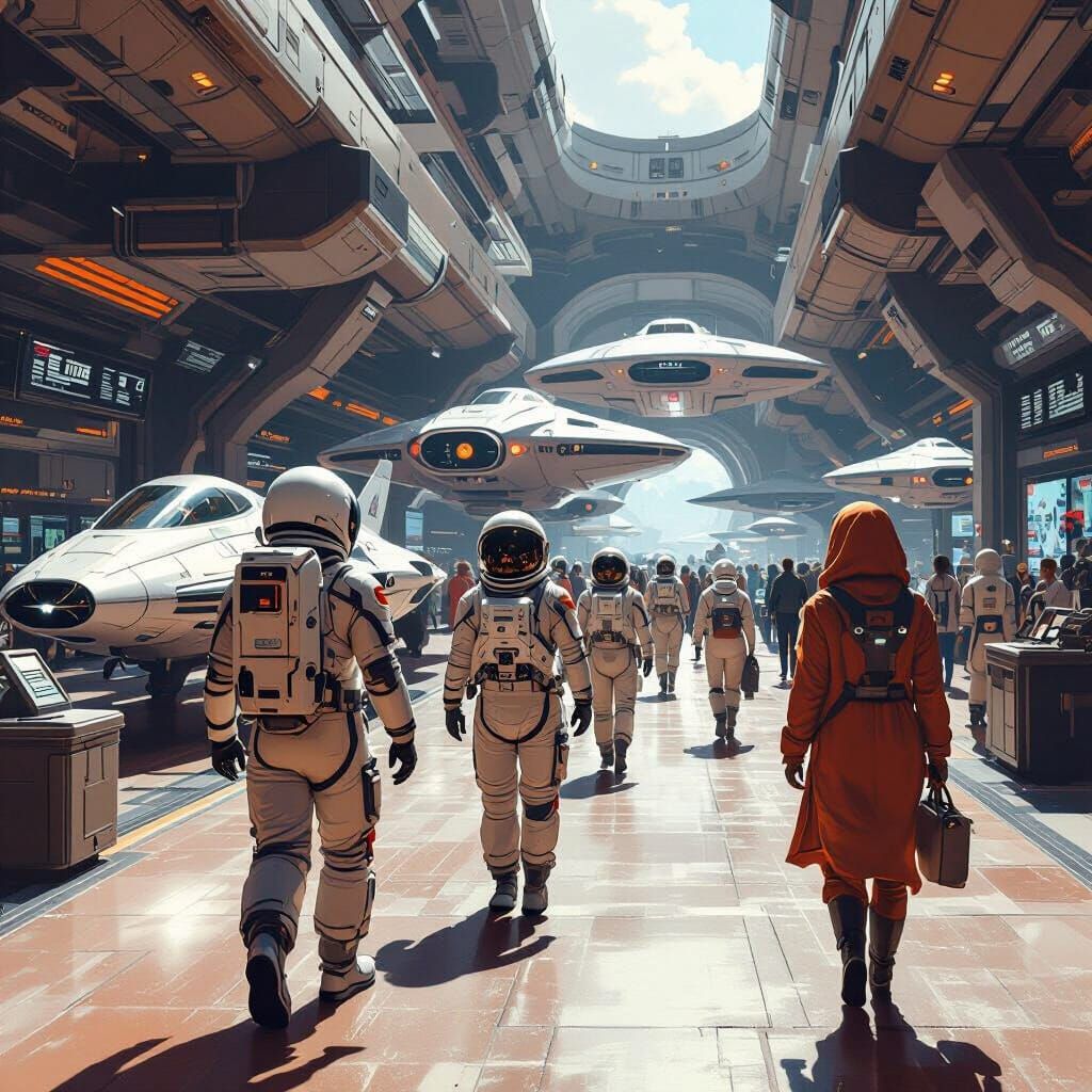 Bustling Martian Spaceport Terminal in Sci-Fi Style