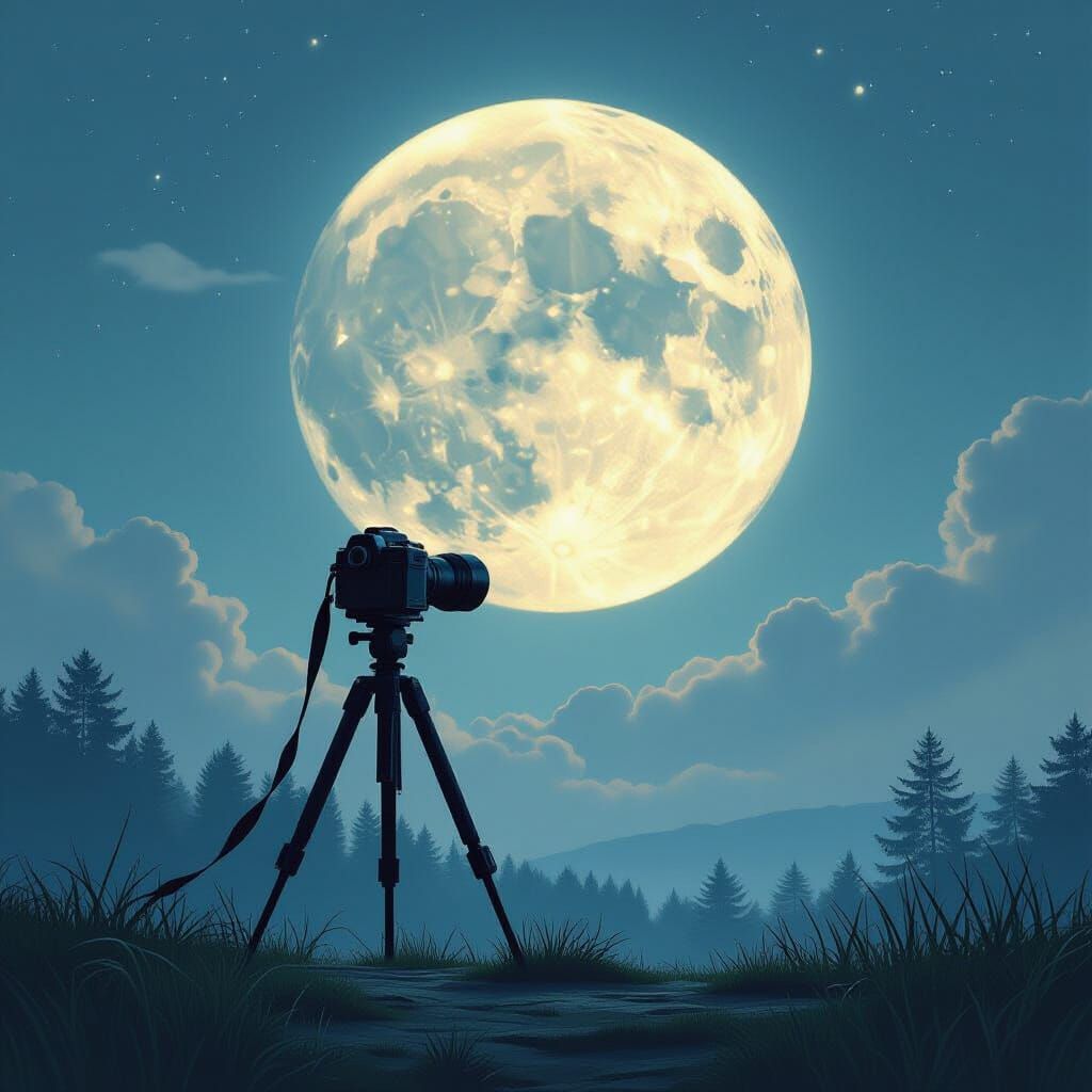 Vintage Camera Gazing at Enormous Moon