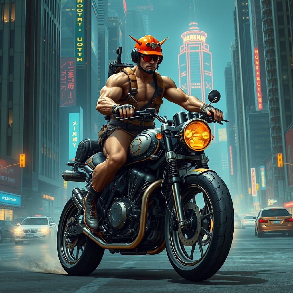 Cyborg Centaur Biker in Steampunk Cyberpunk City