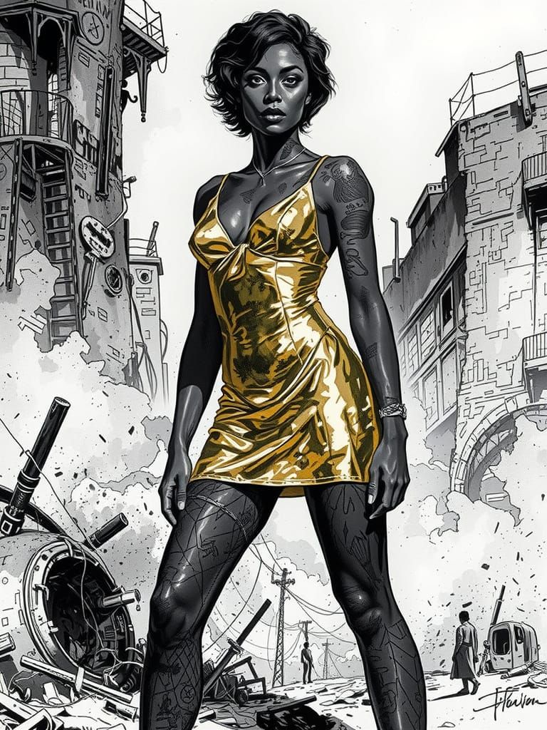 Beautiful Black Woman in Post-Apocalyptic Gold Dress