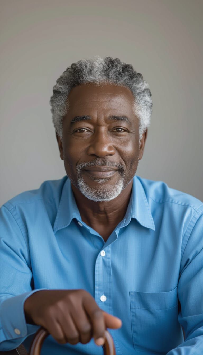 Smiling Older Man with Grey Hair in Blue Shirt