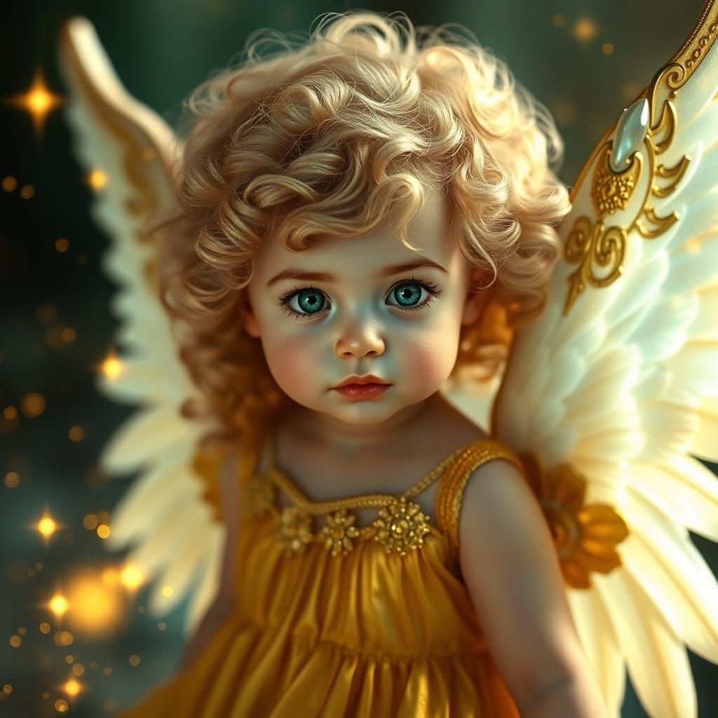 Beautiful Child Angel with Golden Wings in Magical Setting
