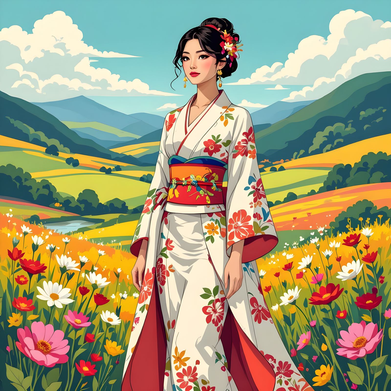 Elegant Woman in Landscape, Vibrant Colors and Delicate Deta...