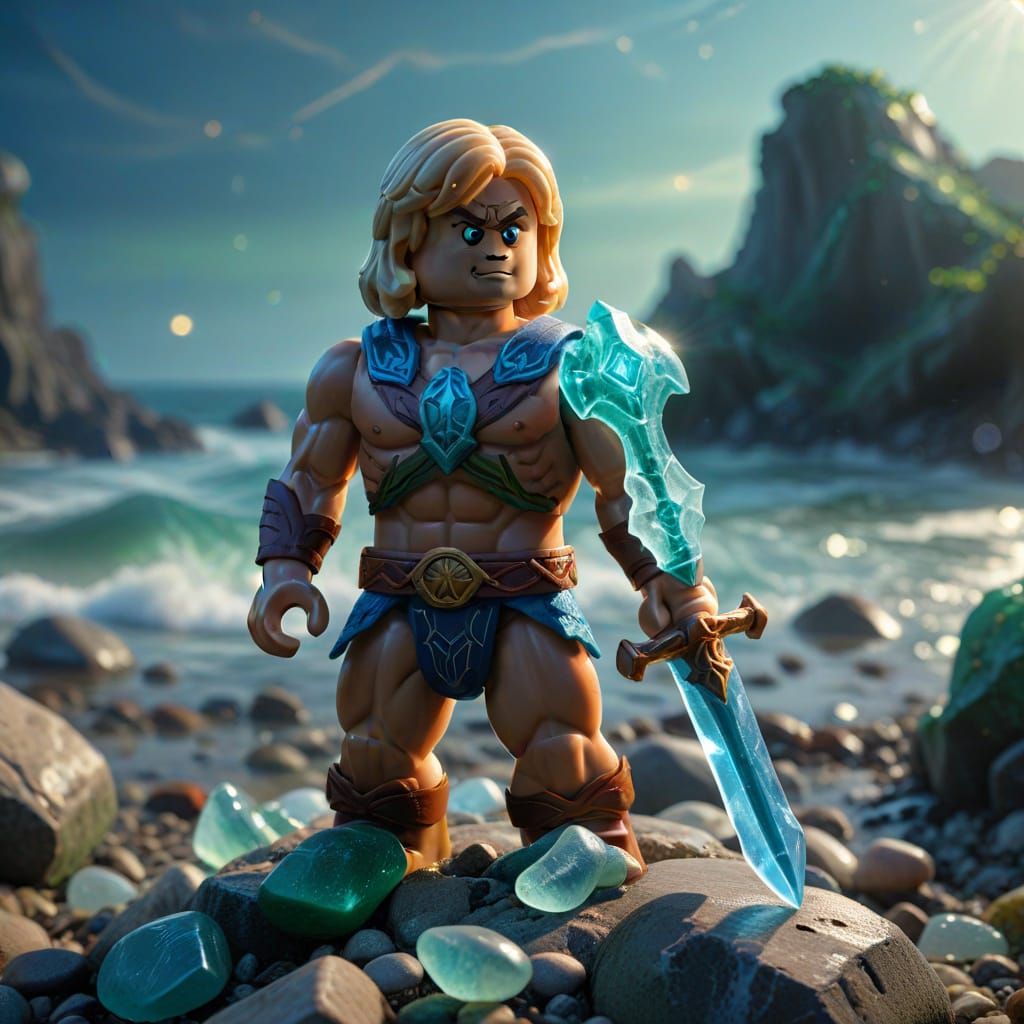 He-Man Lego Figure on Rocky Shore with Glowing Sword