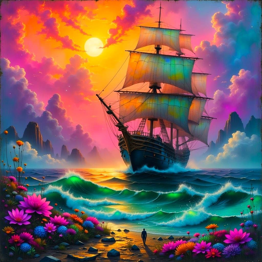 Majestic Dreamy Ship Sails Through Sunset Hues in Cyberpunk ...