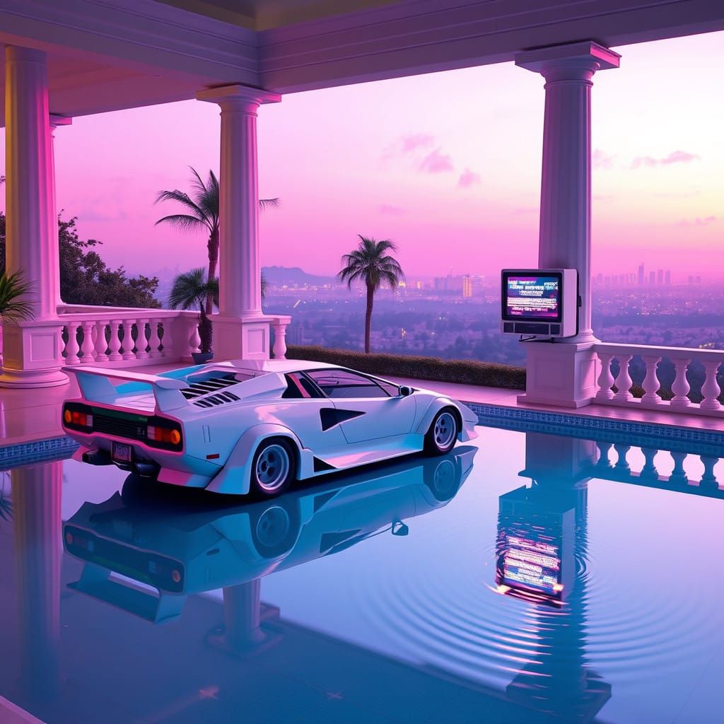 Vaporwave Luxury: Neon Lamborghini in Dreamlike Setting