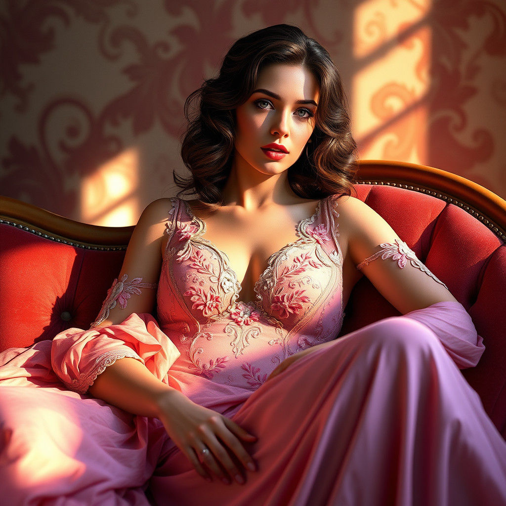 Art Nouveau Woman Lounging in Pink Gown