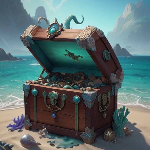 Treasure Chest with Gems and Octopus on Beach