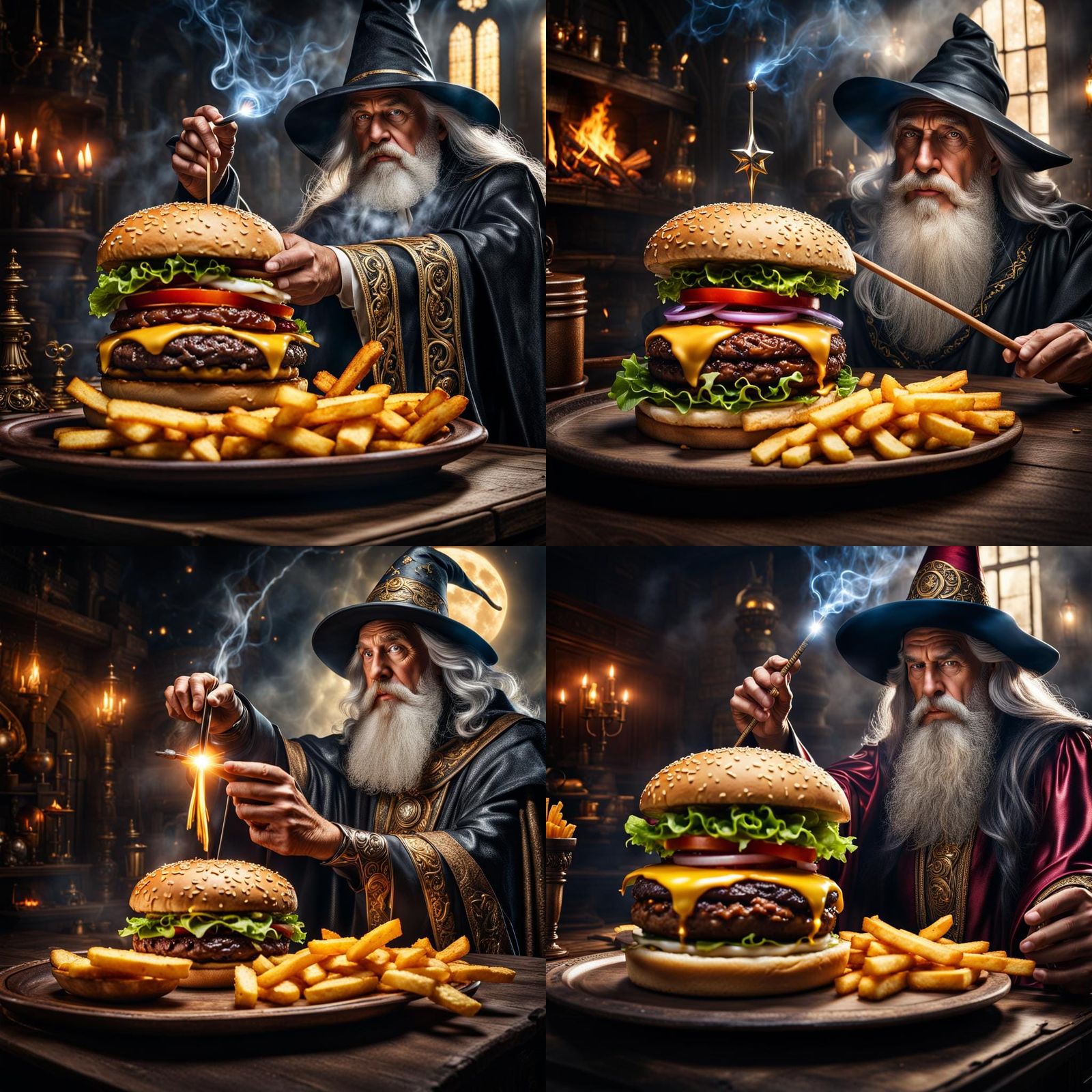 Wizard Casting Spell to Conjure Burger and Fries