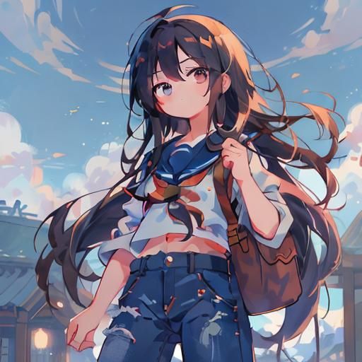 Anime Girl with Baggy Jeans in My Hero Academia Style