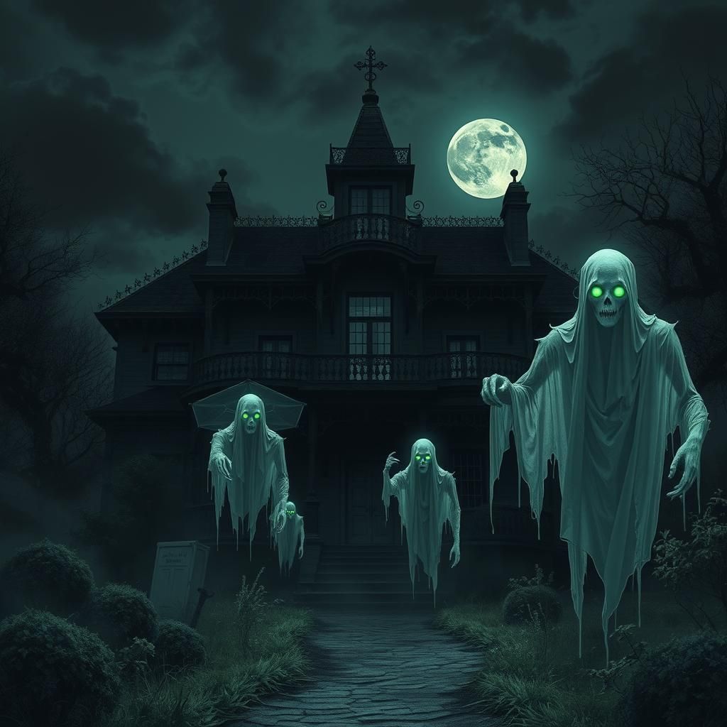 Haunted Mansion: Ghostly Apparitions in Dark Fantasy Style
