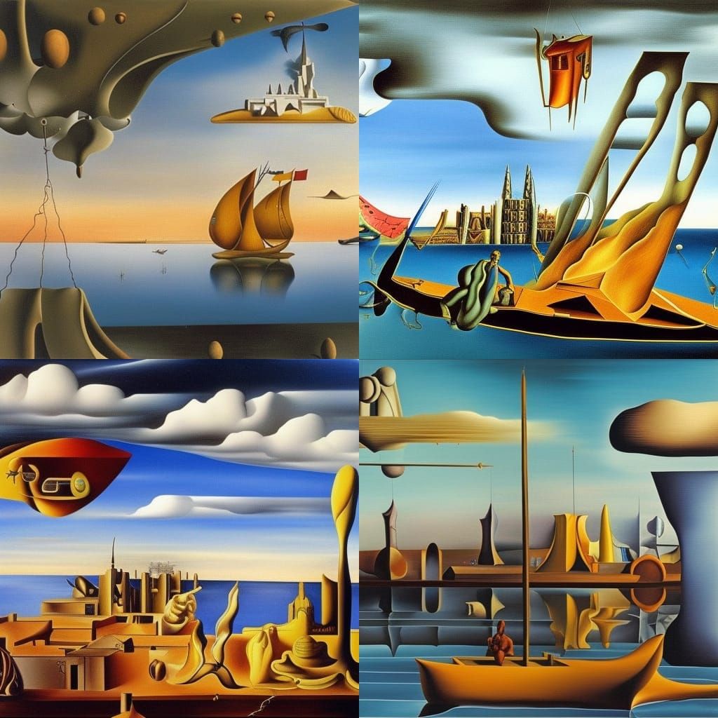 Surreal Boat Flies Over City: A Dali-esque Vision