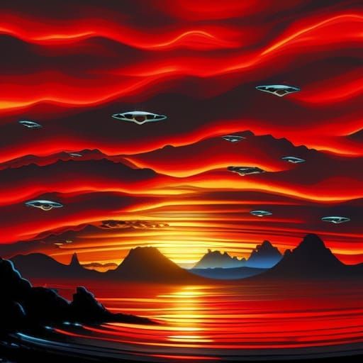 UFO Squadrons Over Hokusai Waves at Sunset