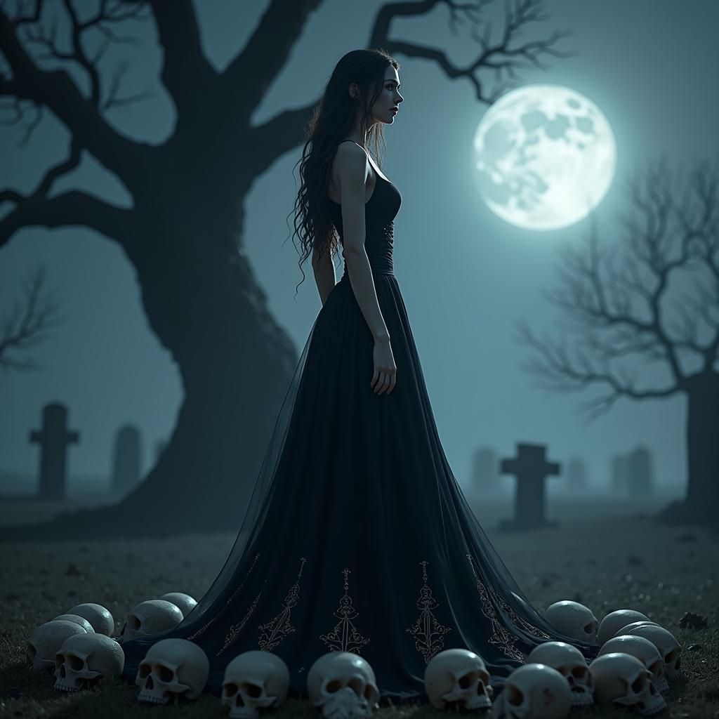 Mysterious Witch in Graveyard with Floating Skulls